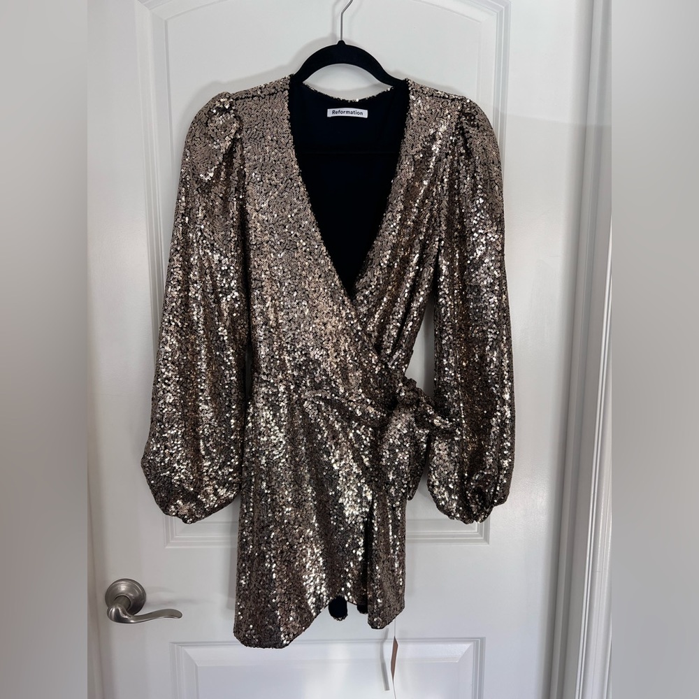 Reformation Jazzy Dress - Gold Sequin Wrap Mini Dress